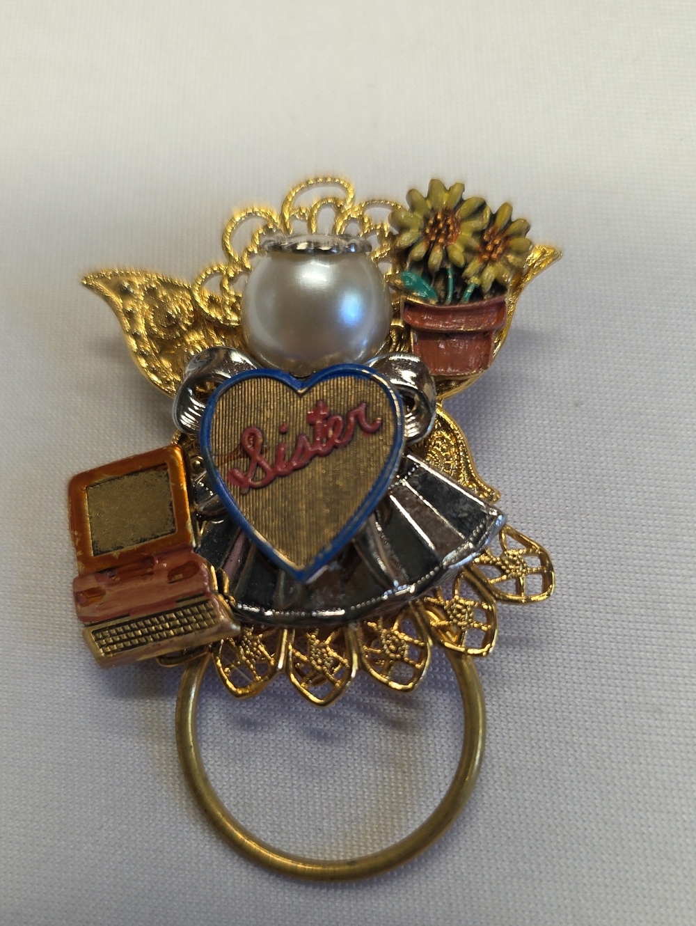 Vintage 90s Sister Guardian Angel Charm Brooch Pin Gold Tone Pearl Accent